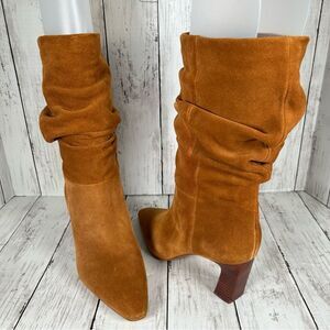 Vince Camuto Skylar Suede Ruched Mid Shaft Slouch Golden Walnut Boots 9 NEW